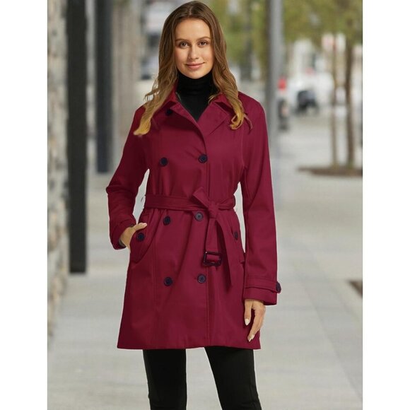 Women's Wine Red Waterproof Trench Coat with Classic Lapel and Belted Design - Picture 7 of 7